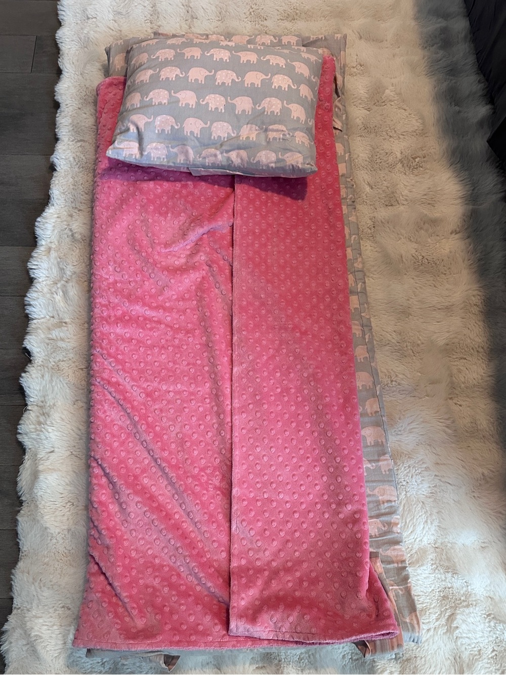 Pink Plush Sleep Bag with Elephant Print Pillow